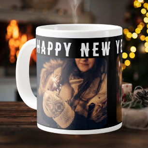 2 Photo Collage Black Happy New Year 2026 Giant Coffee Mug