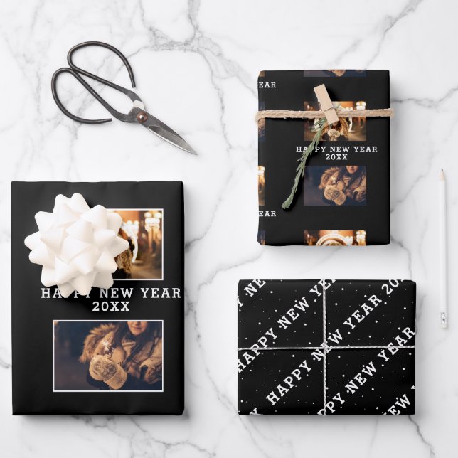 2 Photo Collage Black Happy New Year  Wrapping Paper Sheets (Front)