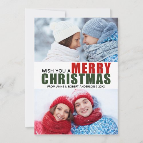 2 Photo Collage Bold Merry Christmas Red and Green Holiday Card