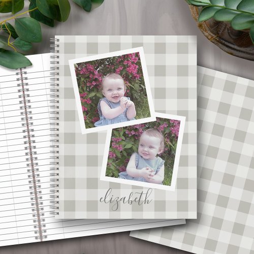 2 Photo Collage Buffalo Check Can Edit Beige Gray Notebook