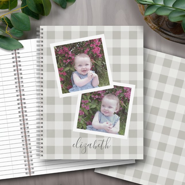 2 Photo Collage Buffalo Check Can Edit Beige Gray Notebook (Personalized notebook with an area for photos and text - option for different inside pages and coils)