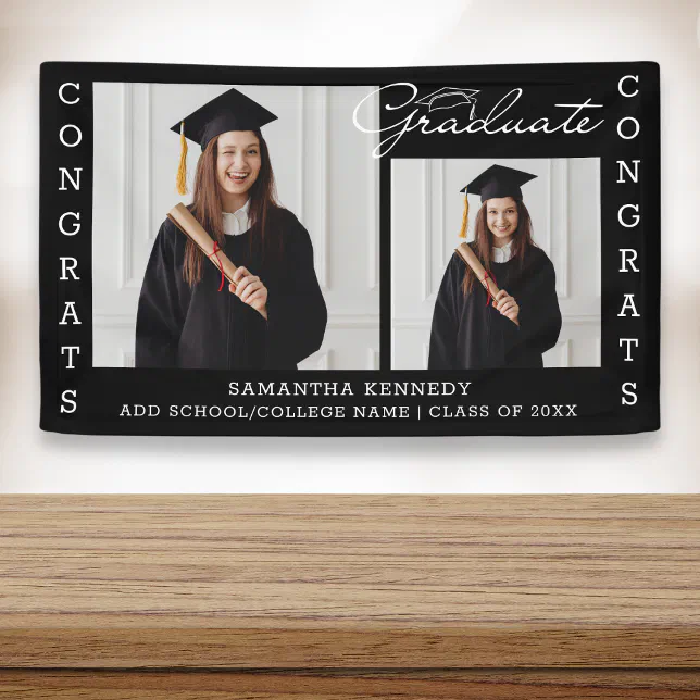 2 Photo Collage Congrats Grad Class Of 2023 Black Banner | Zazzle