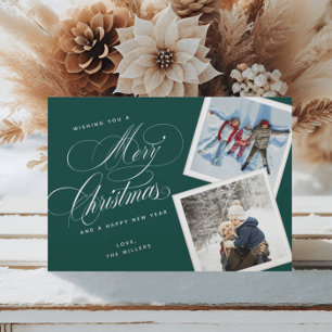 2 Photo Collage Elegant Script Green White Holiday Card