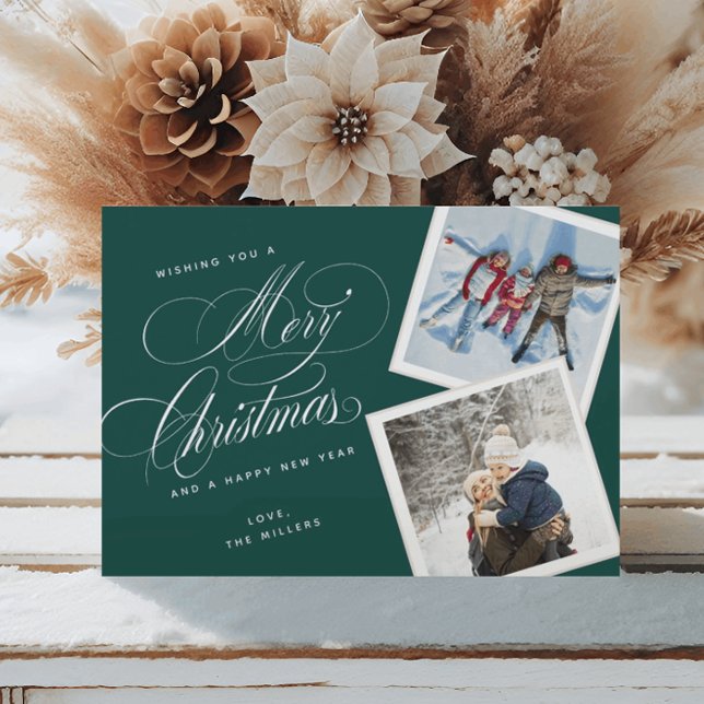 2 Photo Collage Elegant Script Green White Holiday Card (Creator Uploaded)
