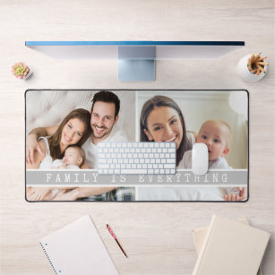 2 Photo Collage Family Is Everything Quote Gray Desk Mat