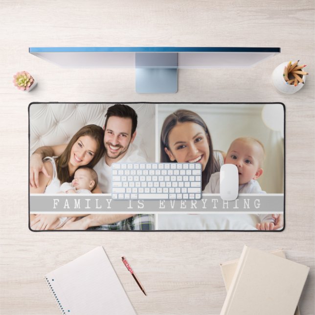 2 Photo Collage Family Is Everything Quote Gray Desk Mat (Office 1)
