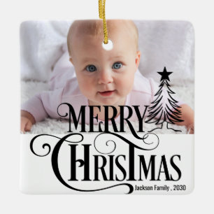2 Photo Collage Family Name & Year Simple White Ceramic Ornament