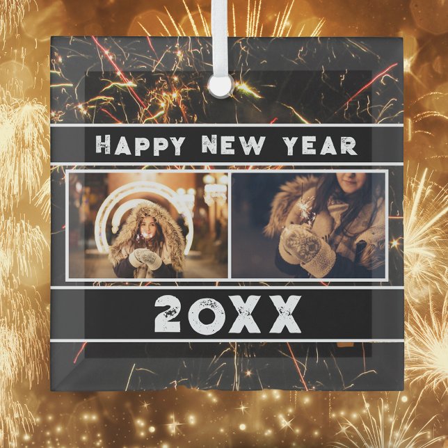 2 Photo Collage Firework Happy New Year 2026 Glass Ornament (Creator Uploaded)