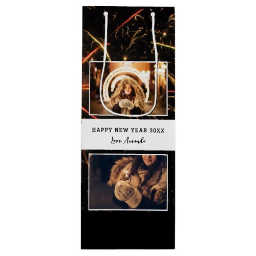 2 Photo Collage Firework Happy New Year  Wine Gift Bag