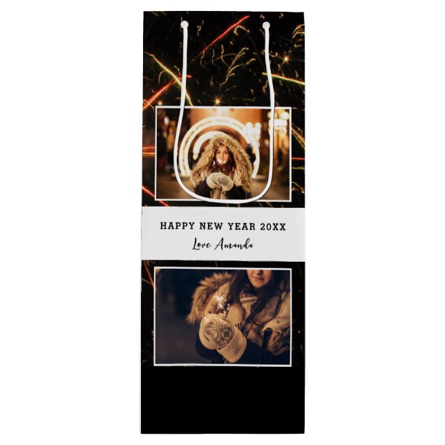 2 Photo Collage Firework Happy New Year  Wine Gift Bag (Front)