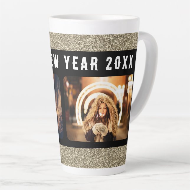 2 Photo Collage Gold Glitter Happy New Year 2023 Latte Mug (Right Angle)