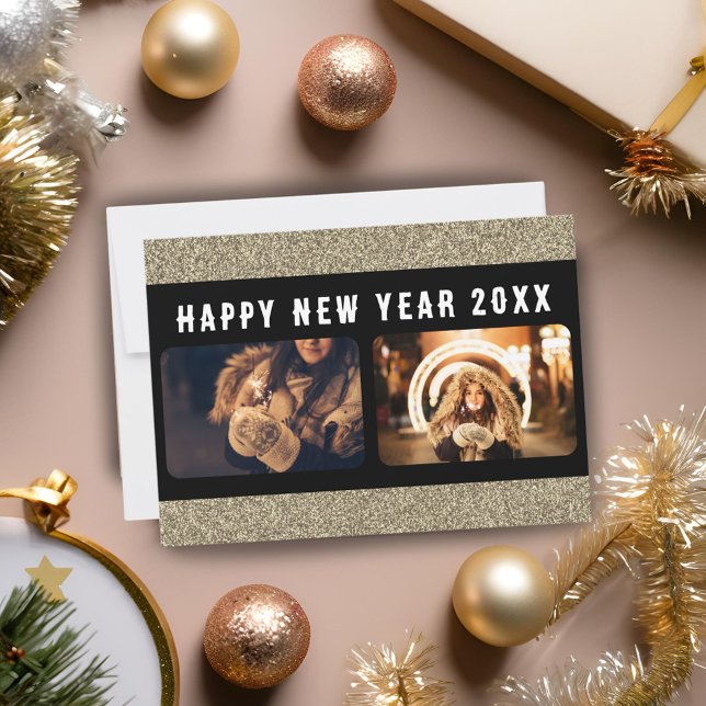 2 Photo Collage Gold Glitter Happy New Year 2026  Holiday Card (Creator Uploaded)