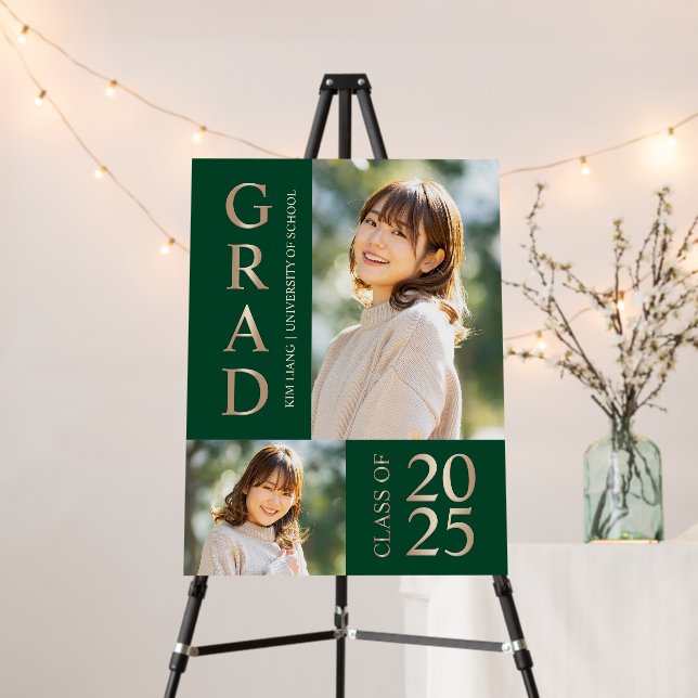 2 Photo Collage Green Beige Graduation Welcome  Foam Board (In Situ (Stand))