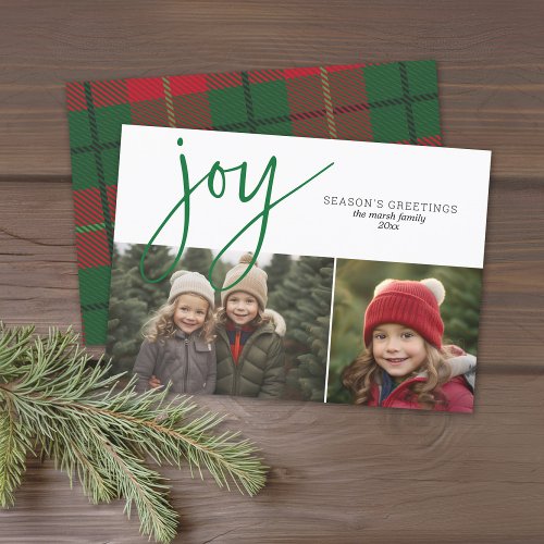 2 Photo Collage Joy Script Season Greeting plaid Holiday Card