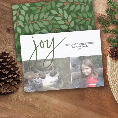 2 Photo Collage Joy Script Seasons Greeting Olive Holiday Card