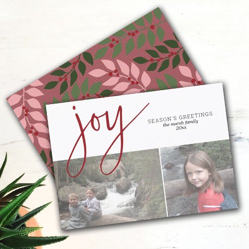 2 Photo Collage Joy Script Seasons Greeting rose Holiday Card