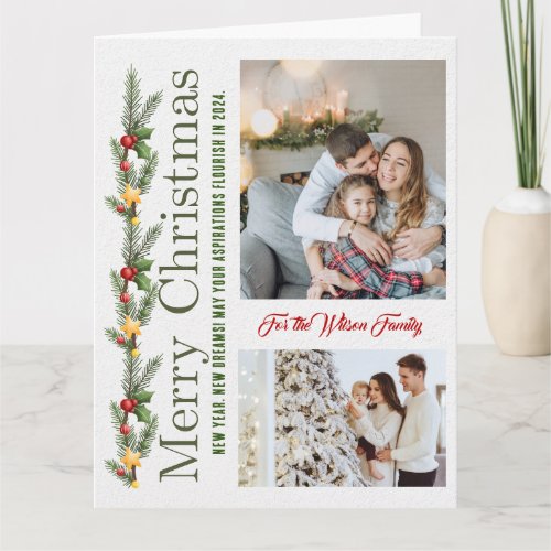 2 Photo Collage Merry Christmas Green Holiday Card