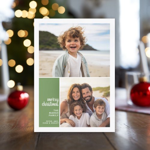 2 Photo Collage Minimal Christmas green christmas Holiday Card