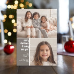 2 Photo Collage Minimal Christmas taupe christmas Holiday Card<br><div class="desc">Simple taupe Plaid Pattern on the back - A simple,  minimalist Holiday greeting with 2 photos and modern calligraphy. Crop your photos into squares before uploading.</div>