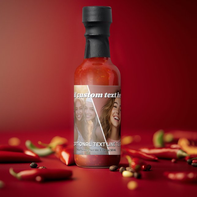 2 Photo Collage with trendy bounce script - white Hot Sauces (Personalized Hot Sauce Bottle with a Photo Collage and Text)