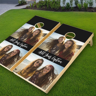 2 Photo Collage with Trendy Script Caption - Black Cornhole Set