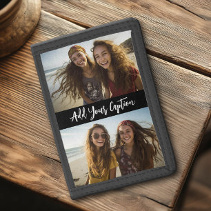 2 Photo Collage with Trendy Script Caption - Black Tri-fold Wallet
