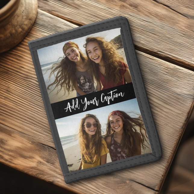 2 Photo Collage with Trendy Script Caption - Black Tri-fold Wallet (Custom Photo Collage on a Tri-Fold Wallet)