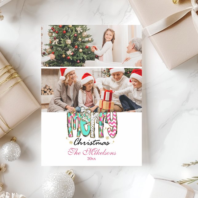 2 Photo Colorful Retro Merry Christmas Holiday Card (Creator Uploaded)