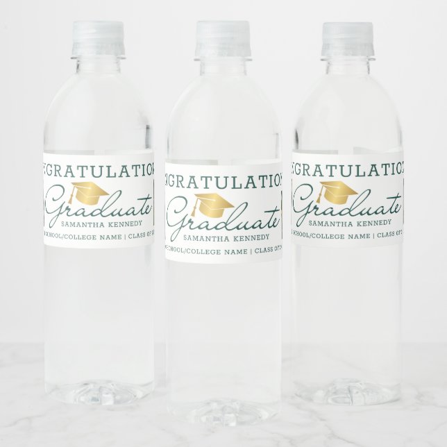  2 Photo Congrats 2025 Graduate Green Gold White Water Bottle Label (Bottles)