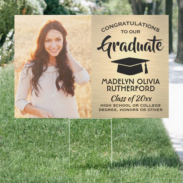 2 Photo Congrats Black and Gold Brushed Graduation Sign | Zazzle