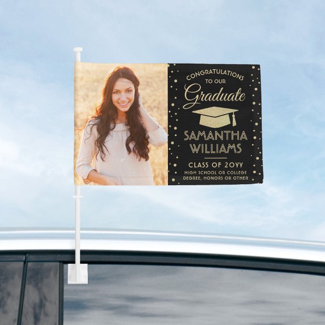 2 Photo Congrats Black and Gold Glitter Graduation Car Flag (Creator Uploaded)