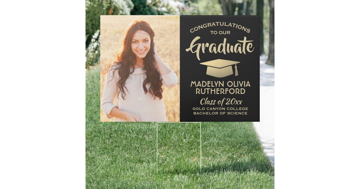 2 Photo Congrats Black Gold Modern Graduation Yard Sign | Zazzle