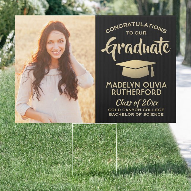 2 Photo Congrats Black Gold Modern Graduation Yard Sign (Creator Uploaded)