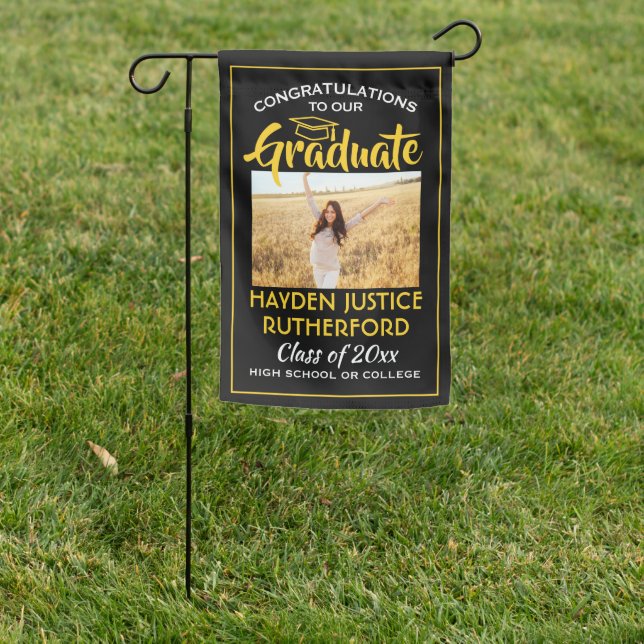 2 Photo Congrats Black Gold Yellow Graduation Garden Flag (In SItu)