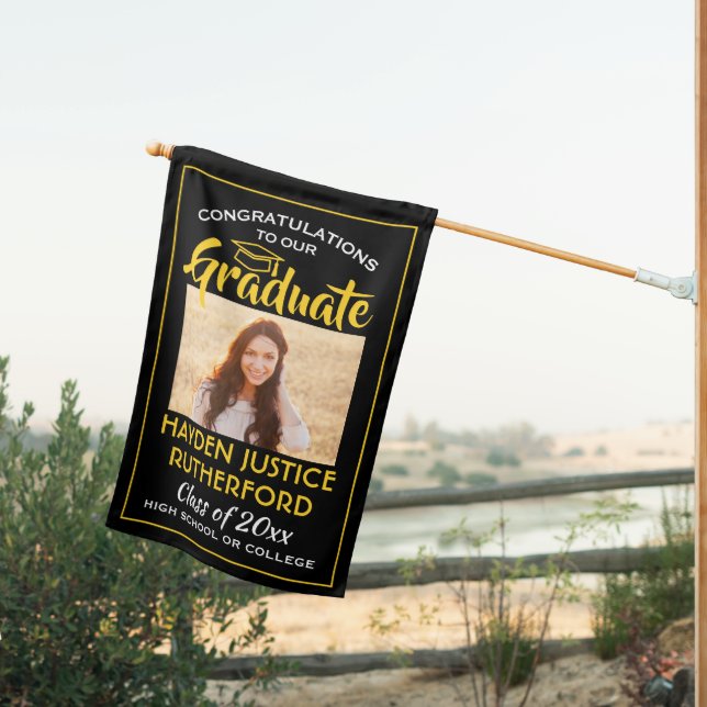 2 Photo Congrats Black Gold Yellow Graduation House Flag (Insitu (Back))