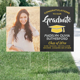 2 Photo Congrats Black Gold Yellow Graduation Yard Sign