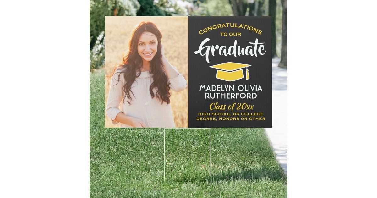 2 Photo Congrats Black Gold Yellow Graduation Yard Sign | Zazzle
