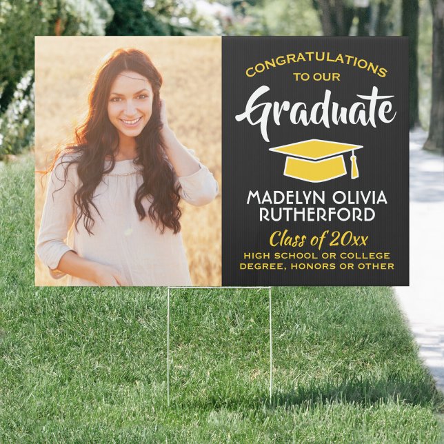 2 Photo Congrats Black Gold Yellow Graduation Yard Sign (Creator Uploaded)