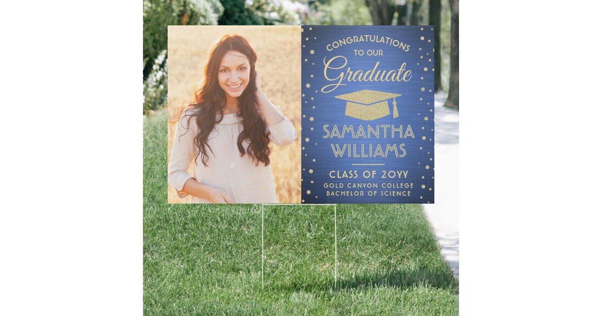 2 Photo Congrats Blue Gold Glitter Graduation Yard Sign | Zazzle