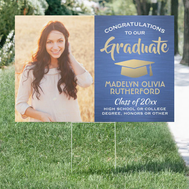 2 Photo Congrats Blue Gold & White Graduation Yard Sign | Zazzle