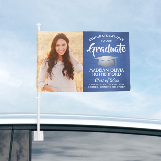 2 Photo Congrats Blue White and Silver Graduation Car Flag (Creator Uploaded)