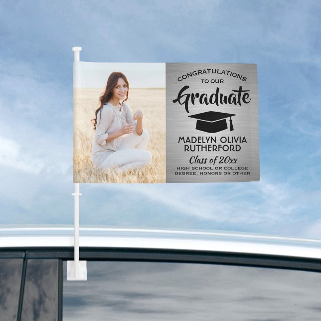 2 Photo Congrats Brushed Silver & Black Graduation Car Flag (Creator Uploaded)