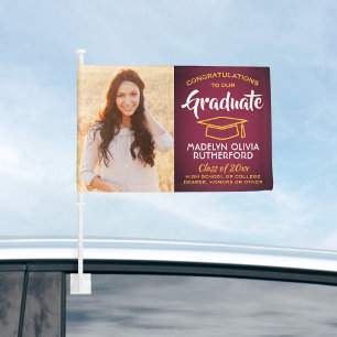2 Photo Congrats Burgundy Gold Yellow Graduation Car Flag
