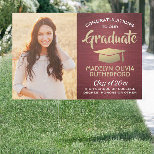 2 Photo Congrats Burgundy Red Gold Graduation Yard Sign