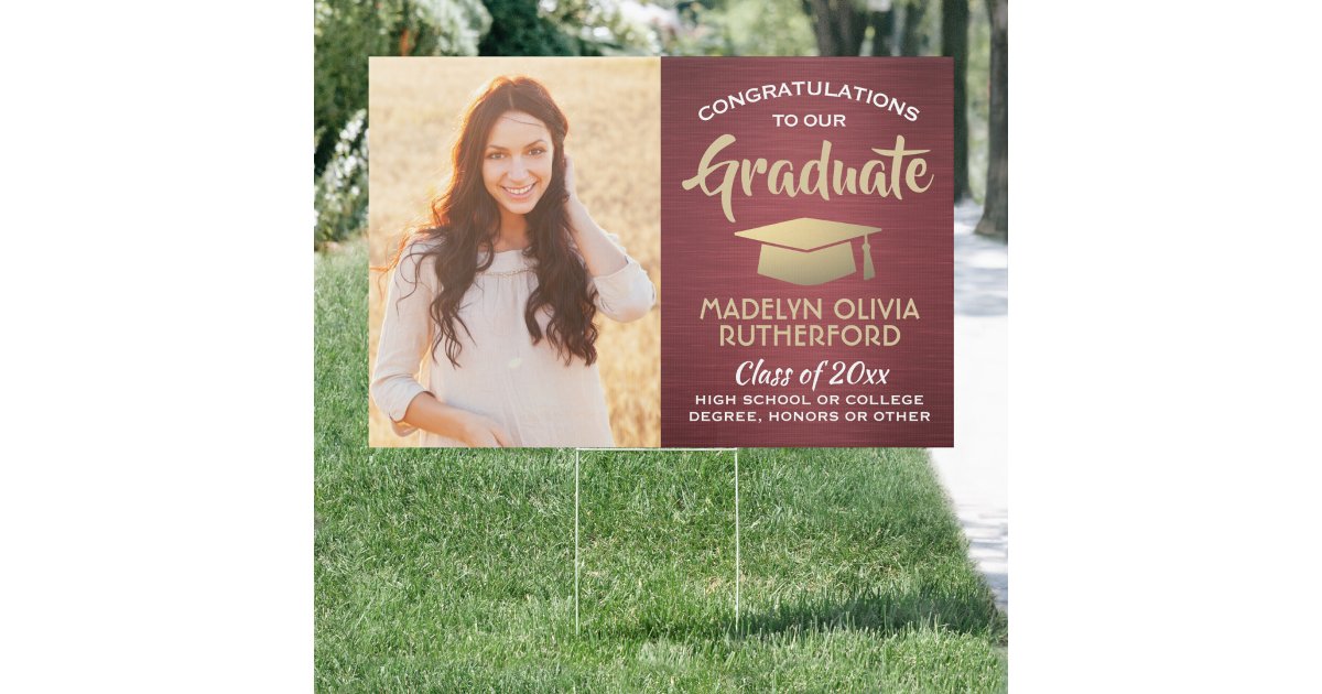 2 Photo Congrats Burgundy Red Gold Graduation Yard Sign | Zazzle