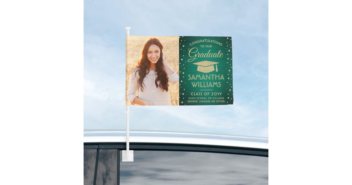 2 Photo Congrats Green and Gold Glitter Graduation Car Flag | Zazzle