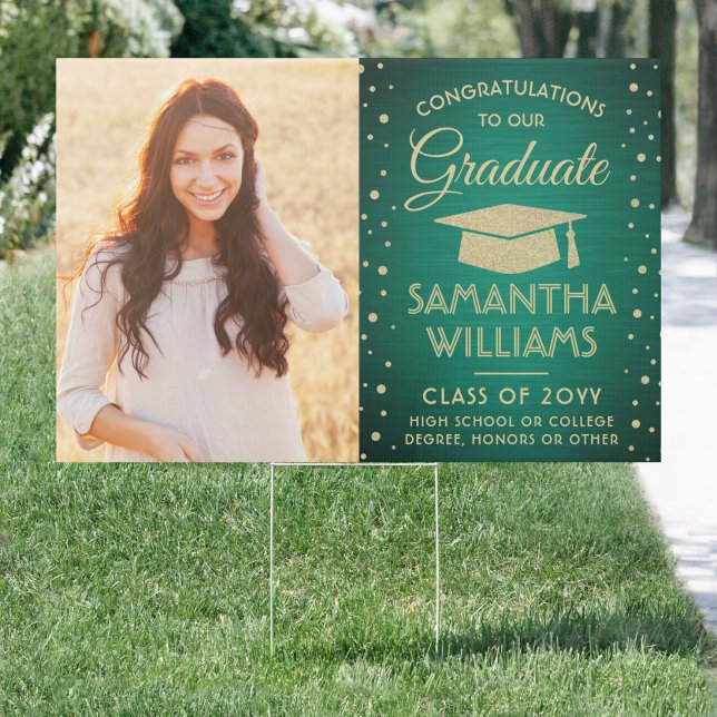 2 Photo Congrats Green and Gold Glitter Graduation Sign (Creator Uploaded)