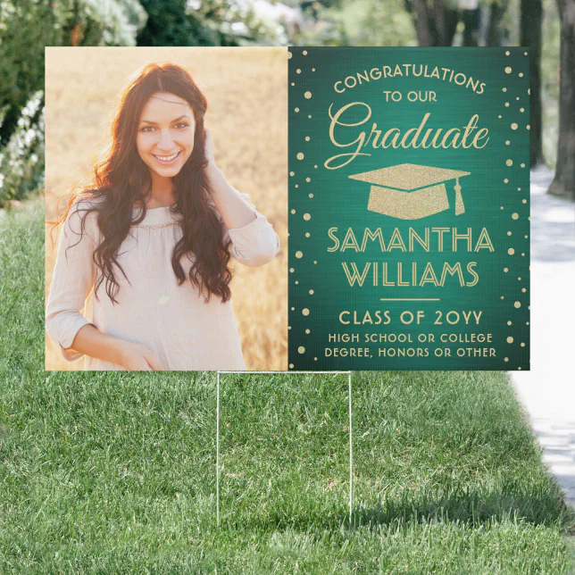 2 Photo Congrats Green and Gold Glitter Graduation Sign | Zazzle