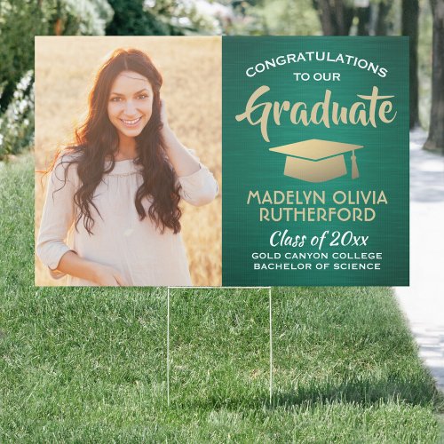 2 Photo Congrats Green Gold White Graduation Yard Sign