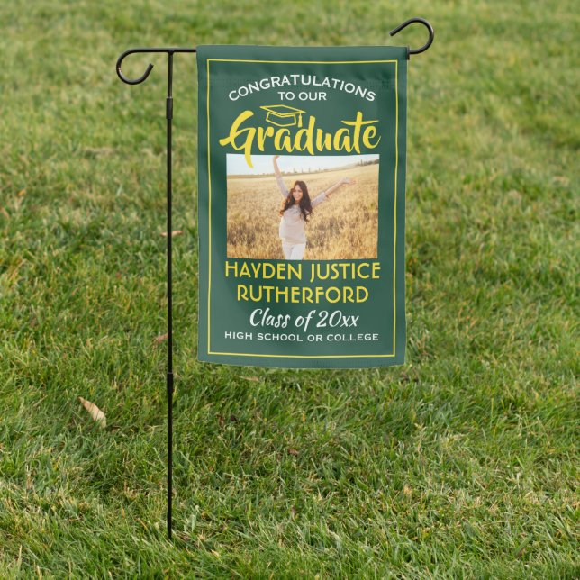 2 Photo Congrats Green Gold Yellow Graduation Garden Flag (In SItu)